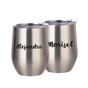 Duo de vasos vineros tumbler plateados personalizados